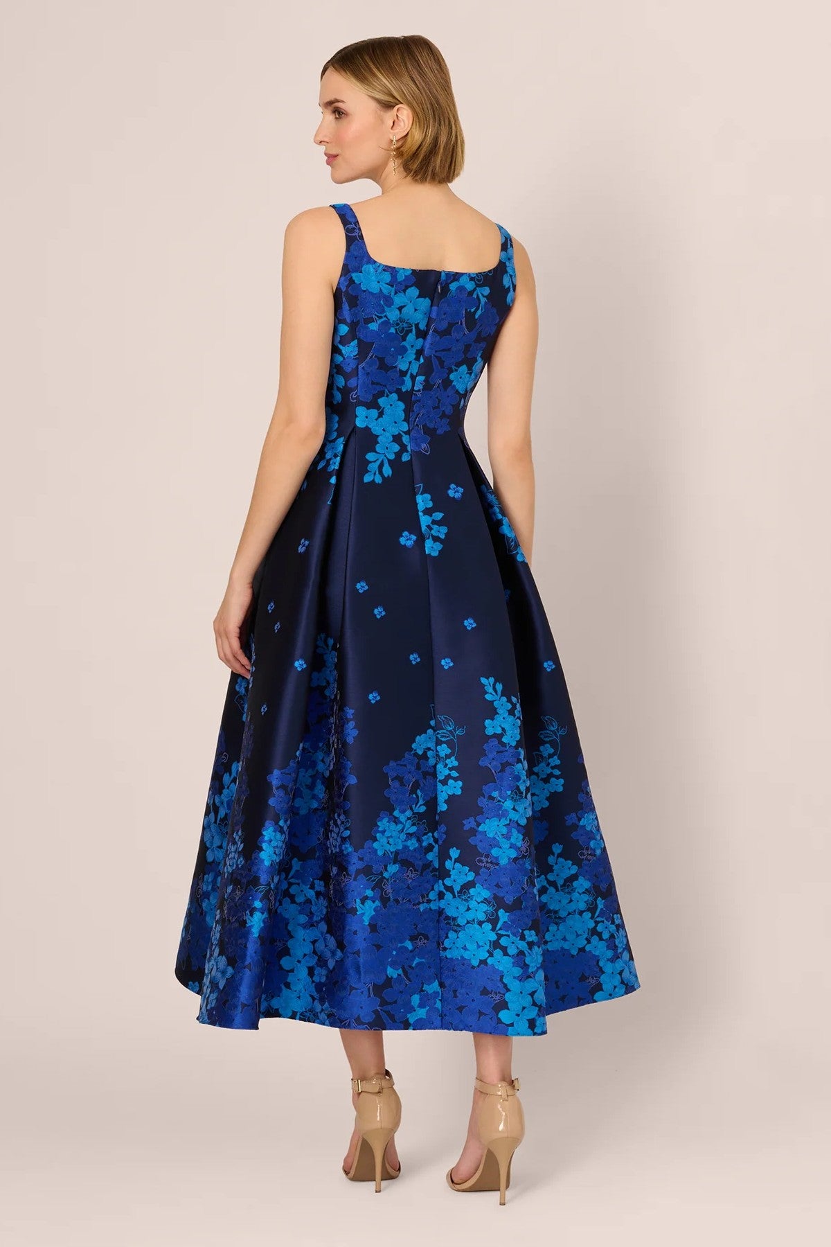 Sleeveless Square Neck Floral Jacquard Midi Dress