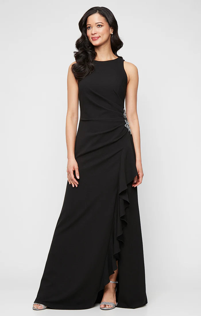 Sleeveless Stretch Crepe Ruched Gown with Cascading Ruffle