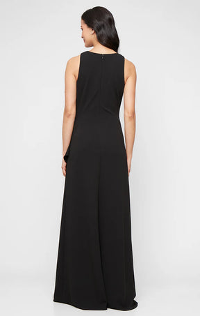 Sleeveless Stretch Crepe Ruched Gown with Cascading Ruffle