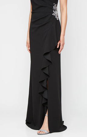 Sleeveless Stretch Crepe Ruched Gown with Cascading Ruffle