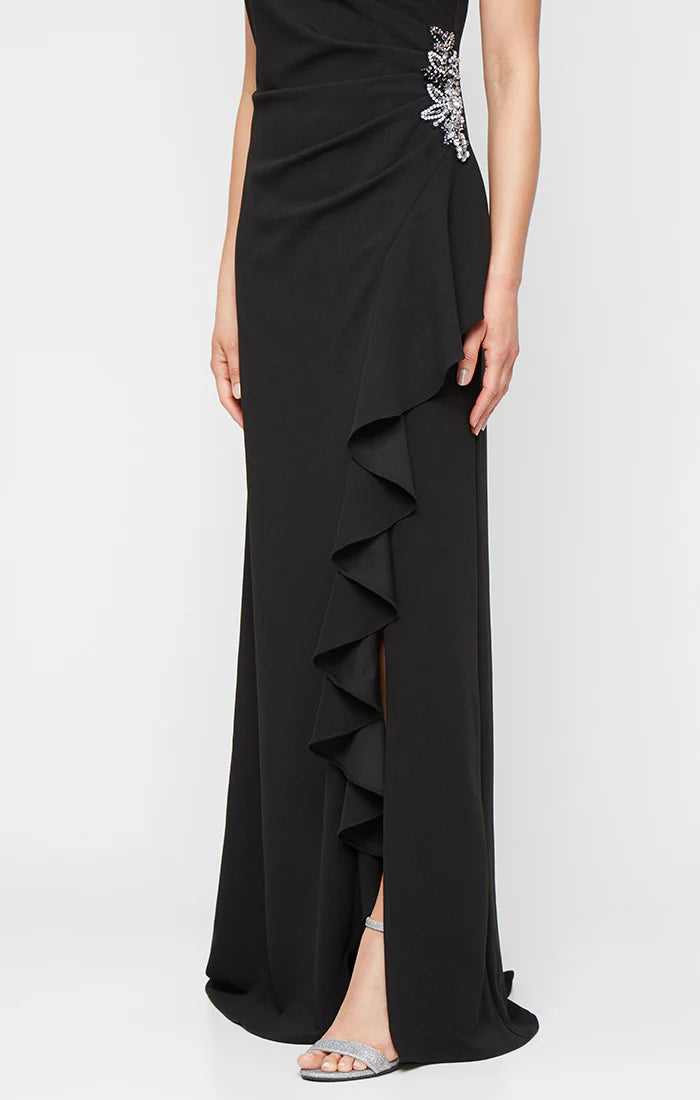 Sleeveless Stretch Crepe Ruched Gown with Cascading Ruffle