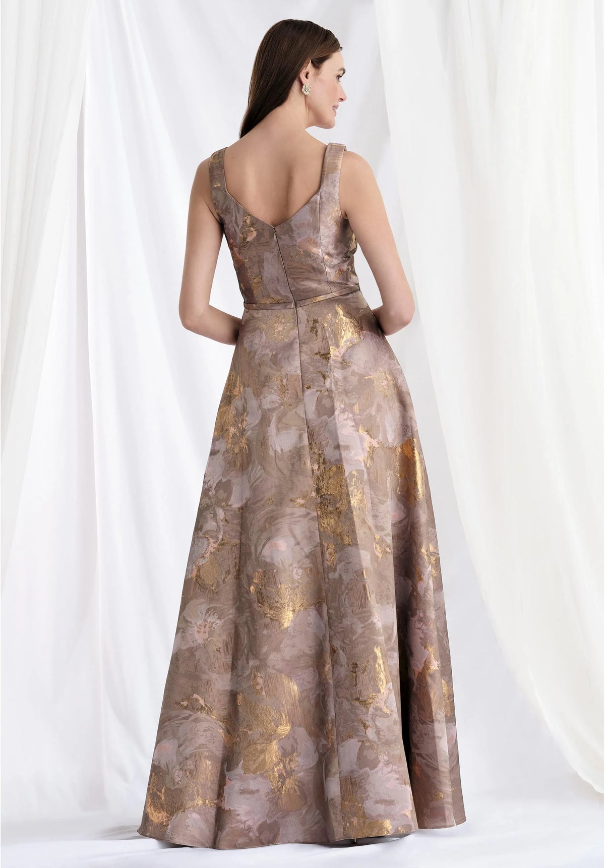 Square Neck Brocade Gown with Beaded Petals