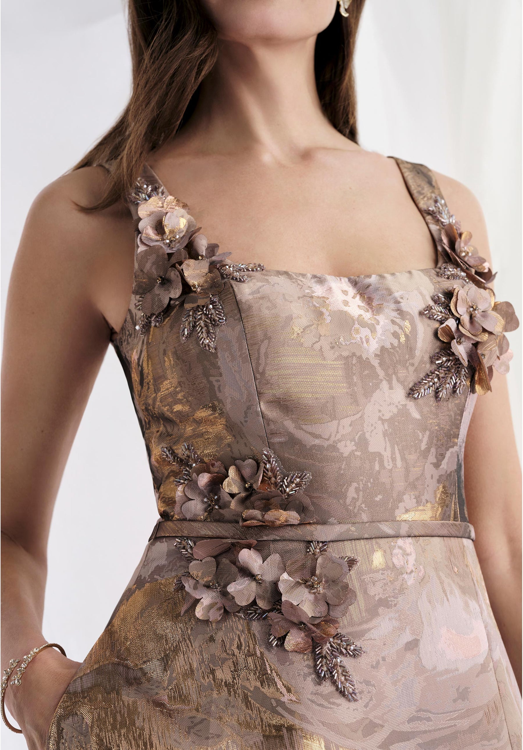 Square Neck Brocade Gown with Beaded Petals