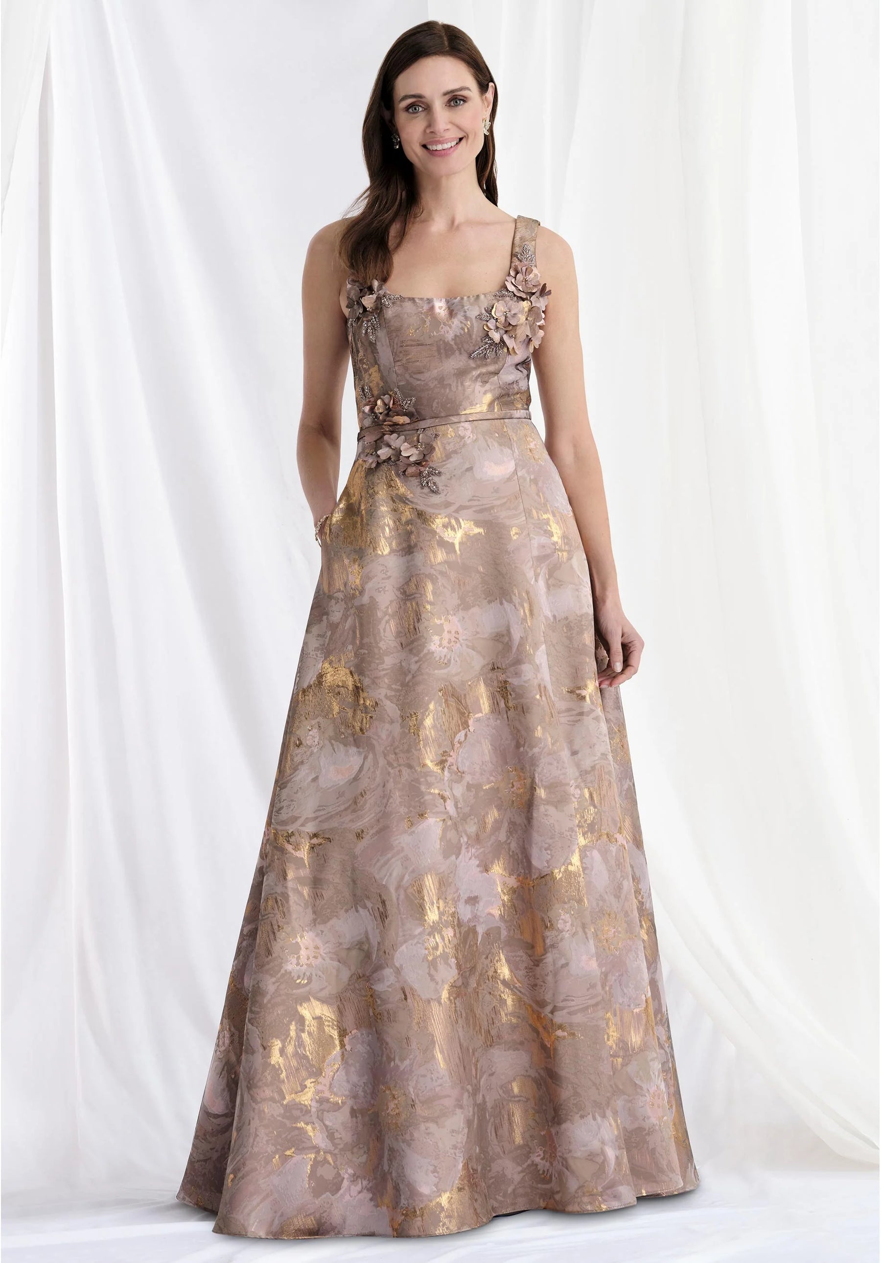 Square Neck Brocade Gown with Beaded Petals