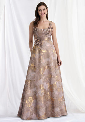 Square Neck Brocade Gown with Beaded Petals