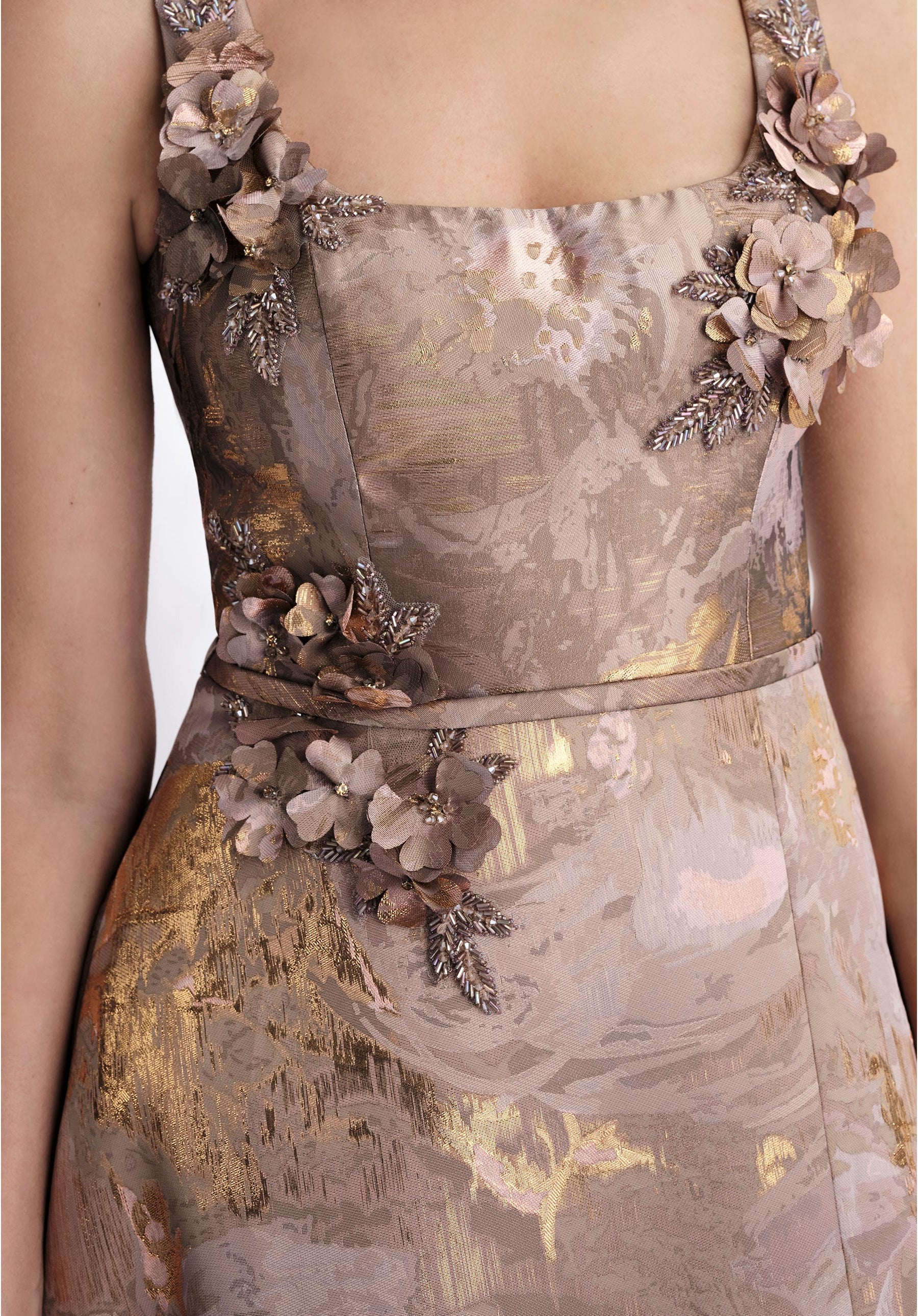 Square Neck Brocade Gown with Beaded Petals