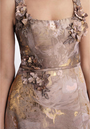 Square Neck Brocade Gown with Beaded Petals