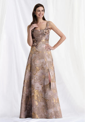 Square Neck Brocade Gown with Beaded Petals
