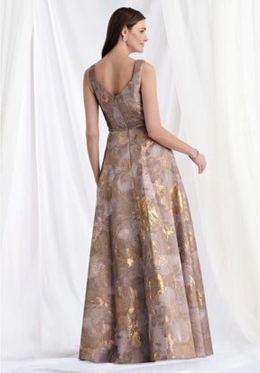 Square Neck Brocade Gown with Beaded Petals
