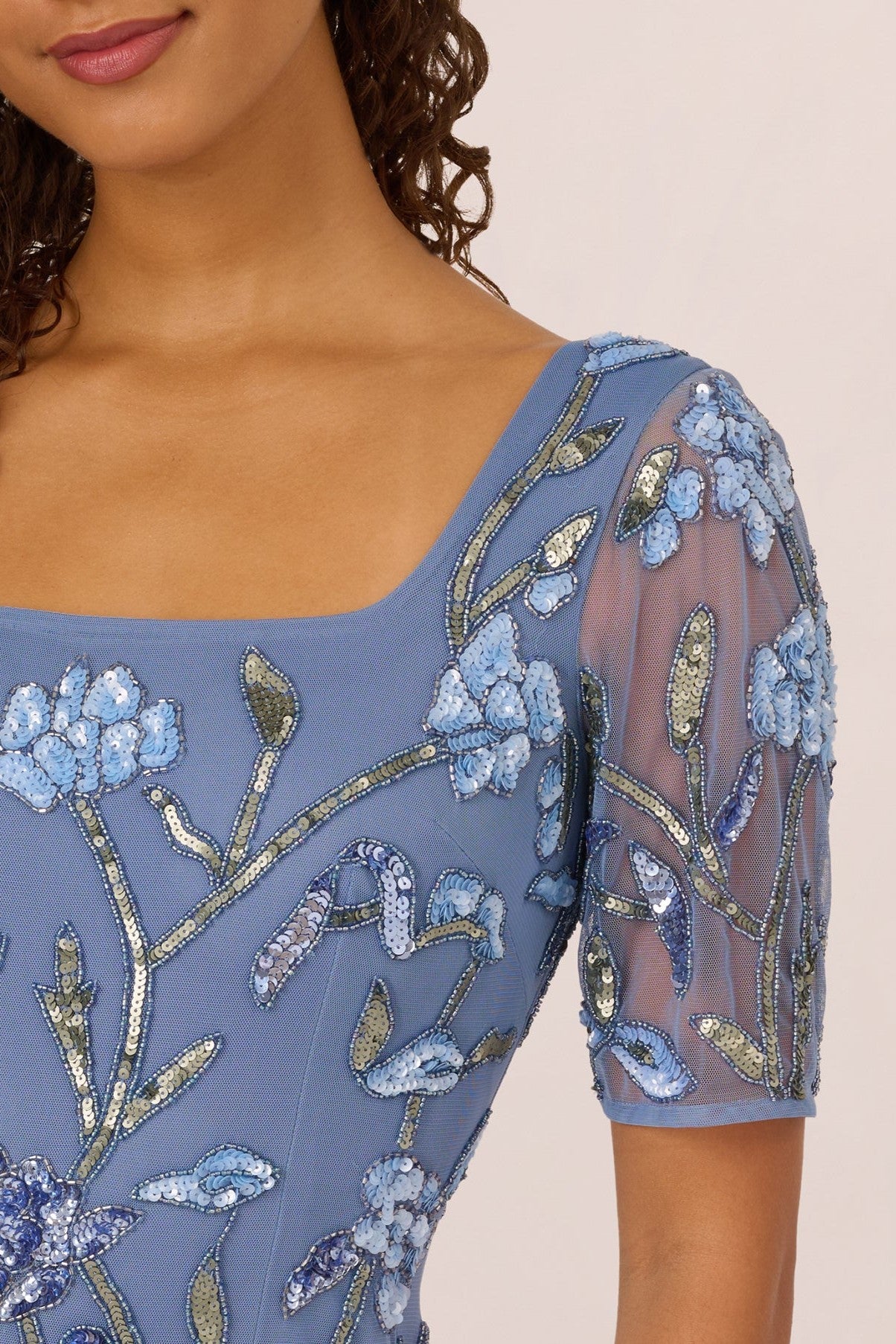 Square Neck Elbow Sleeve Beaded Godet Gown