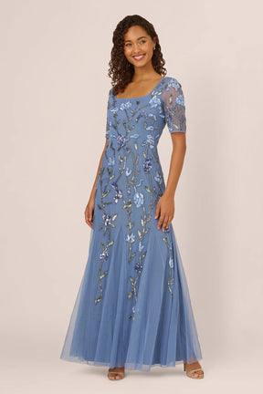 Square Neck Elbow Sleeve Beaded Godet Gown