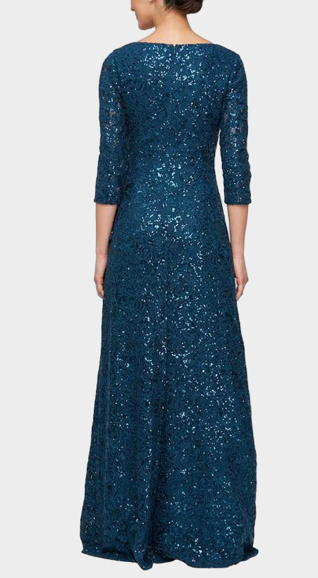 Square Neck Embellished Lace Side Ruffle Gown