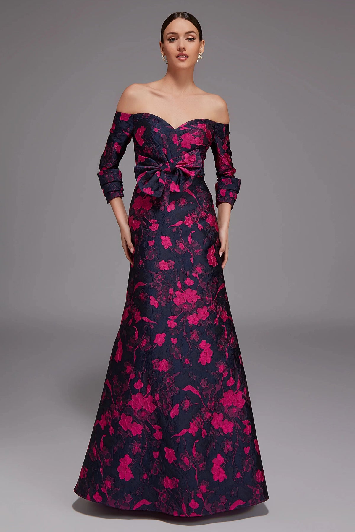 Statement Off Shoulder Floral Jacquard Gown