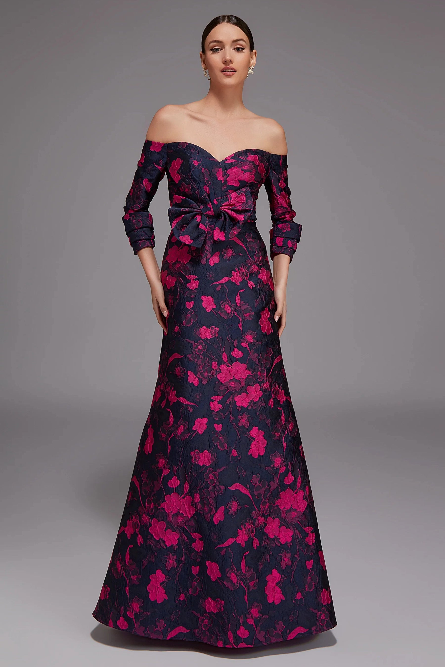 Statement Off Shoulder Floral Jacquard Gown
