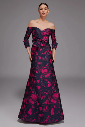 Statement Off Shoulder Floral Jacquard Gown