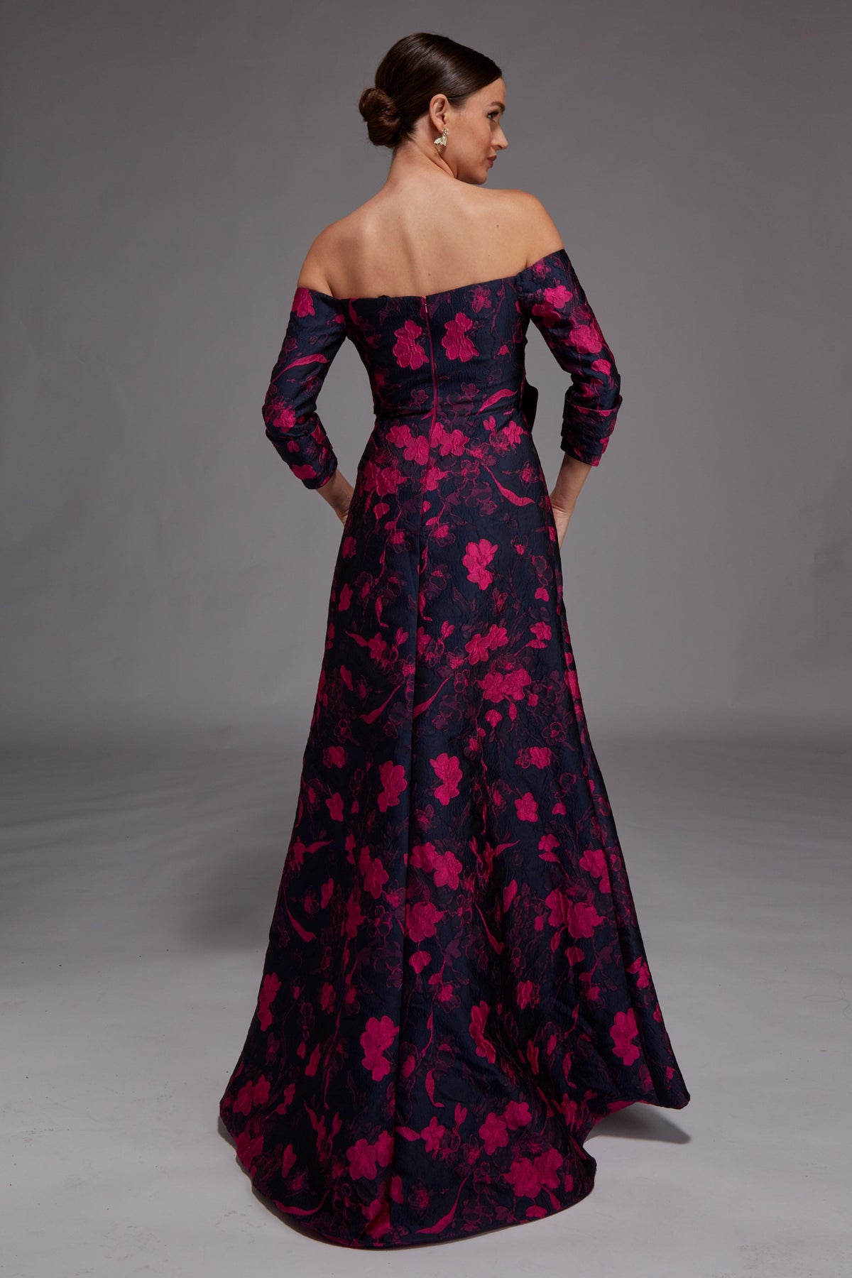 Statement Off Shoulder Floral Jacquard Gown