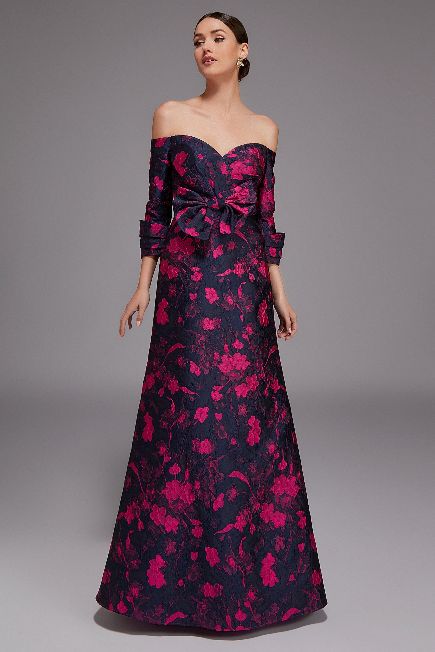 Statement Off Shoulder Floral Jacquard Gown