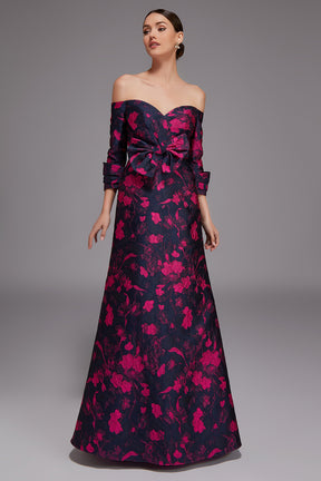 Statement Off Shoulder Floral Jacquard Gown