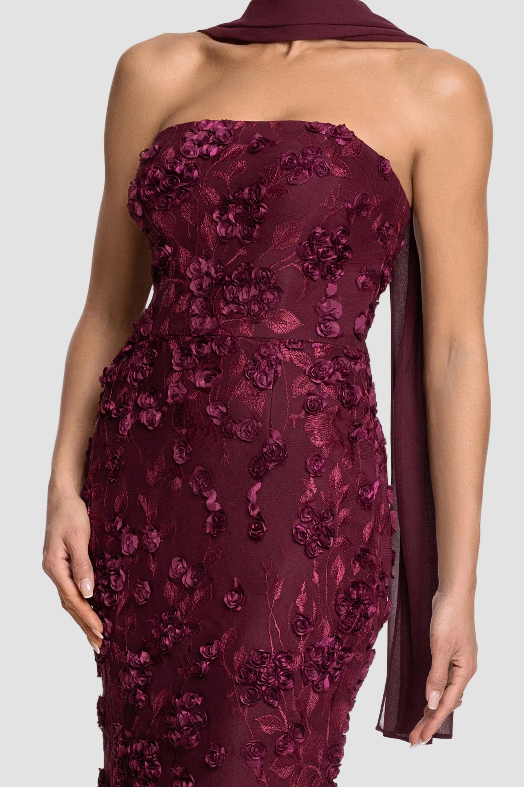 Stevie Soutache Rosettes Strapless Dress With Chiffon Scarf