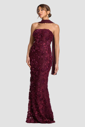 Stevie Soutache Rosettes Strapless Dress With Chiffon Scarf