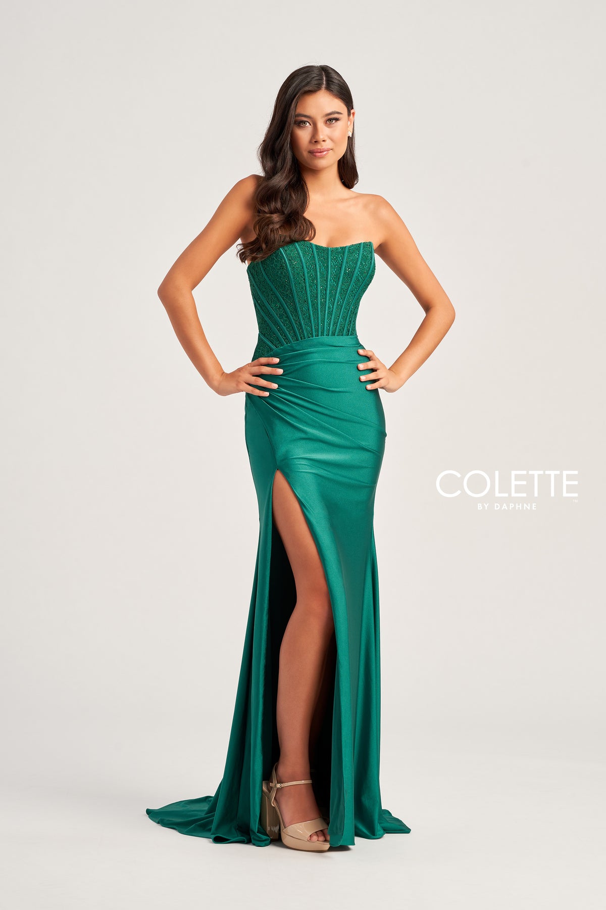 Stone Accent Stretch Jersey Corset Gown