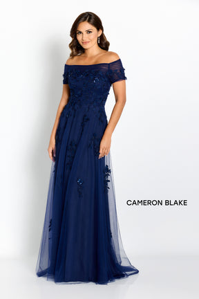 Stone and Flower Accent Cap Sleeve Gown