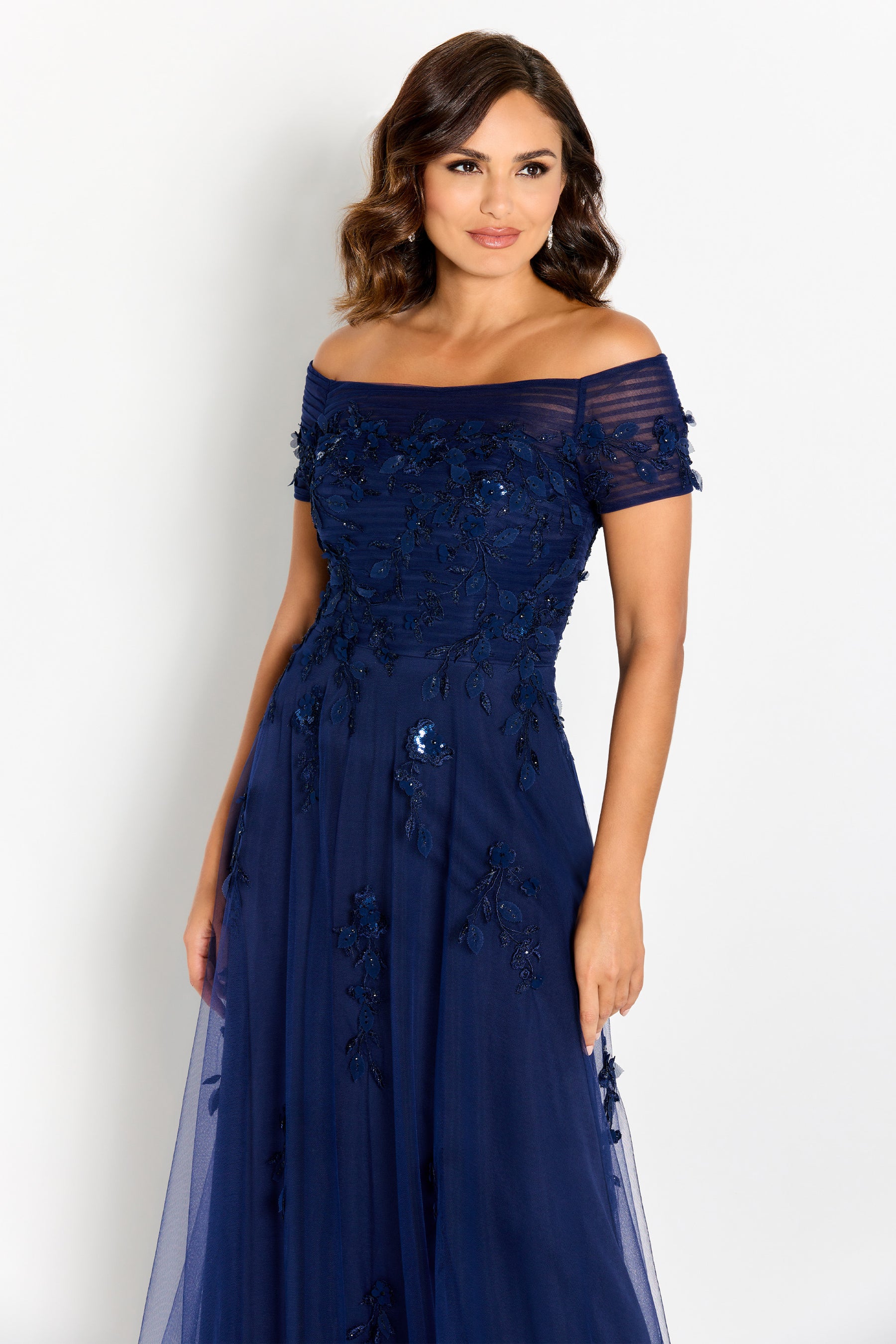 Stone and Flower Accent Cap Sleeve Gown