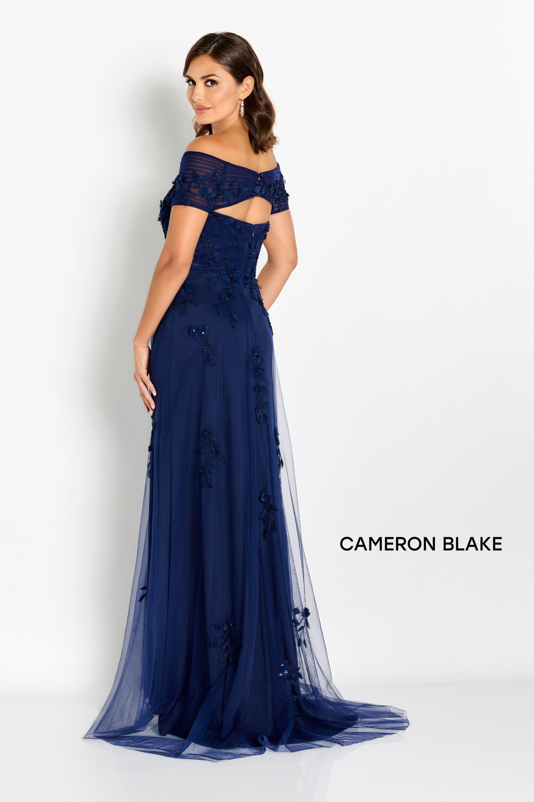 Stone and Flower Accent Cap Sleeve Gown