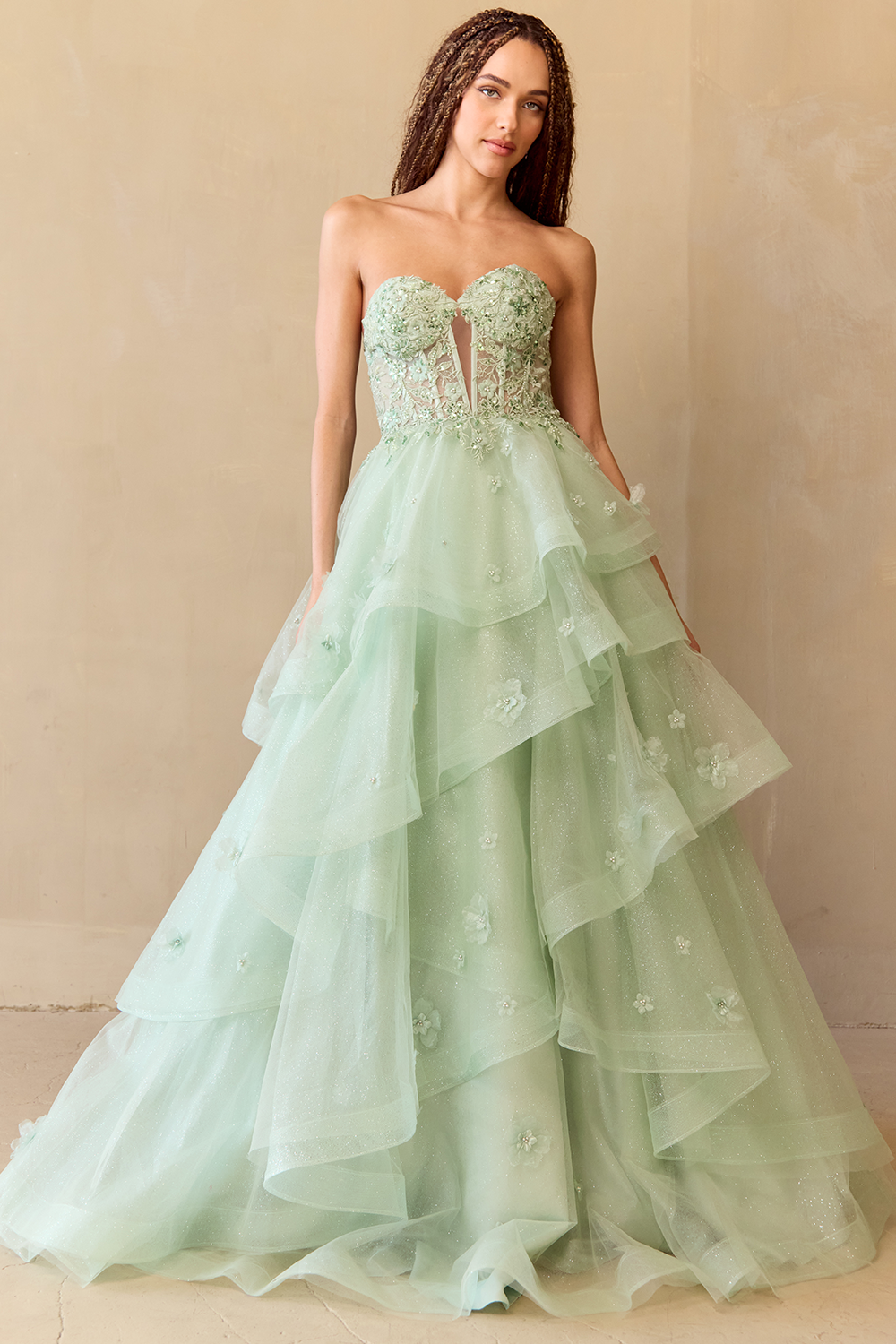 Strapless 3D Beaded Flower Layered Tulle Ball Gown