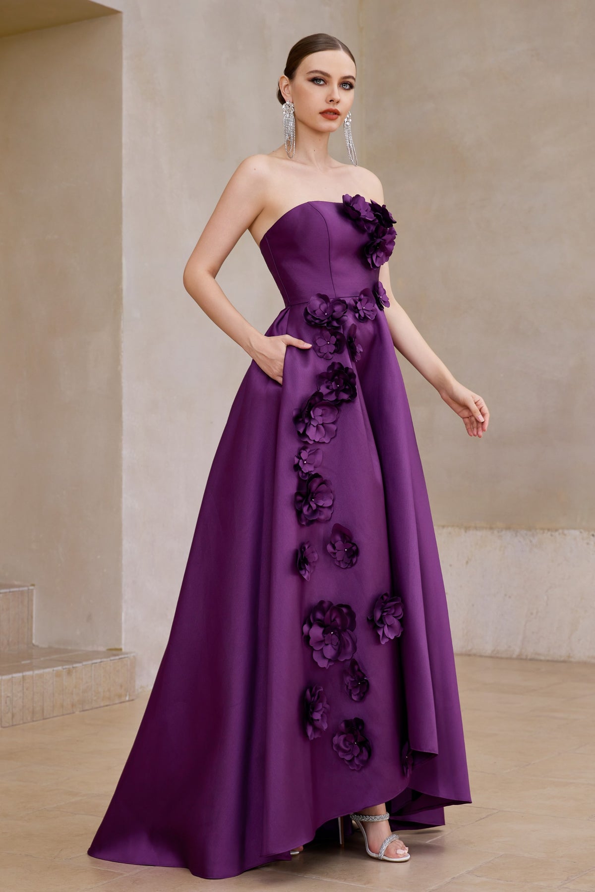 Strapless 3D Floral A-Line Ball Gown