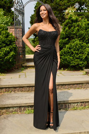 Strapless Beaded Corset Dress with Wrap-Over Skirt