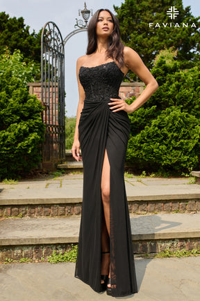Strapless Beaded Corset Dress with Wrap-Over Skirt