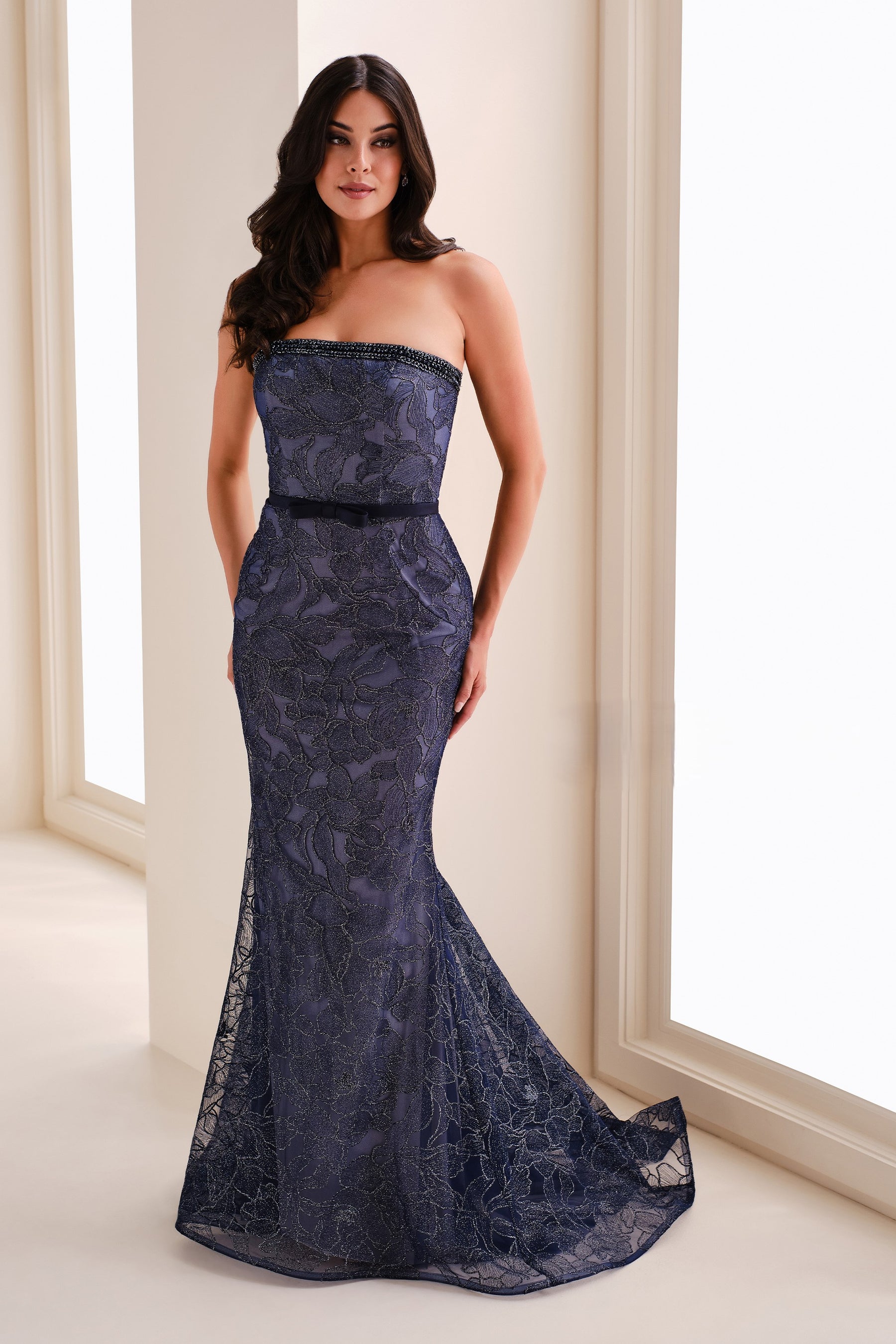 Strapless Fit and Flare Metallic Gown With Belt