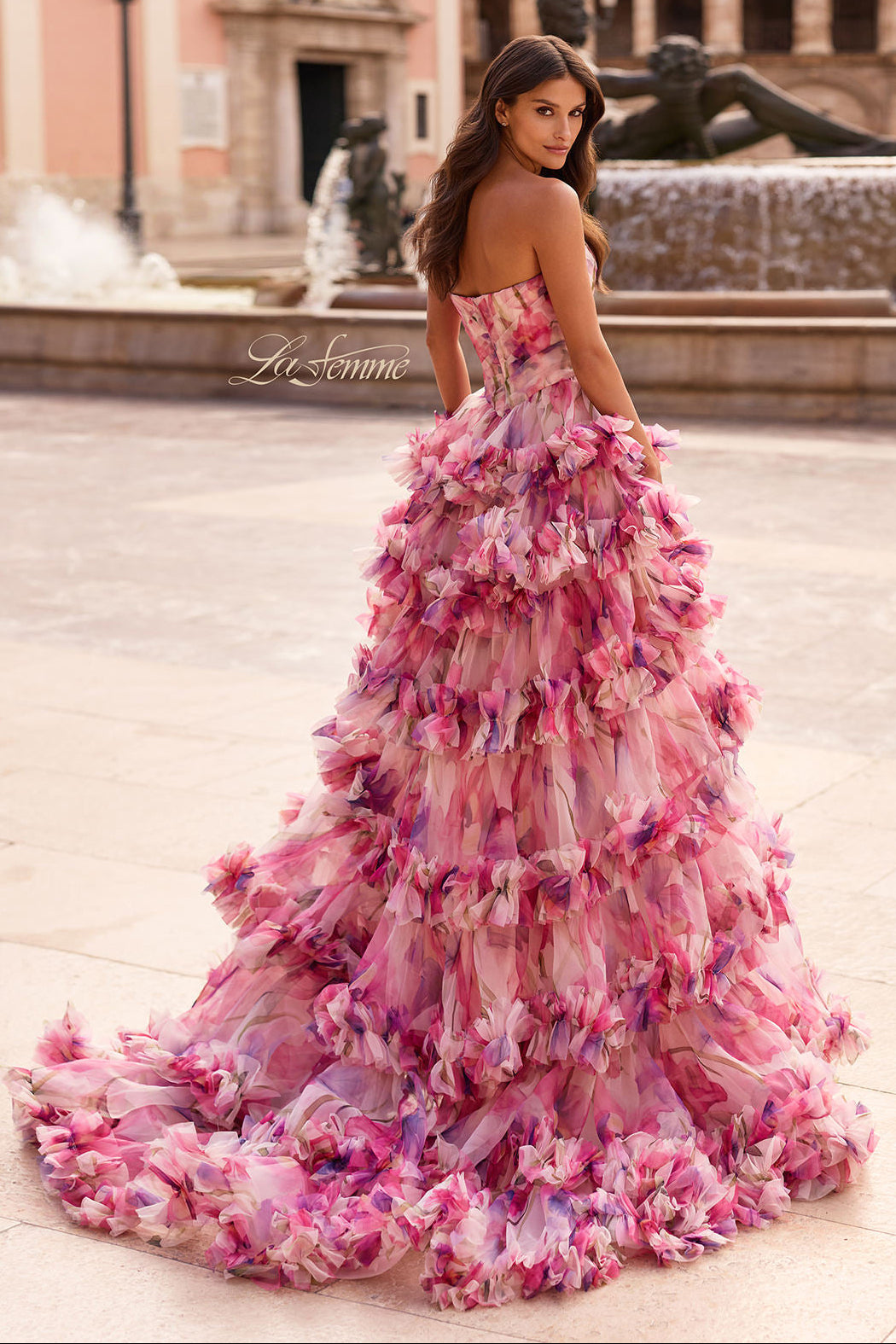 Strapless Floral Layered Ruffle Corset Ballgown