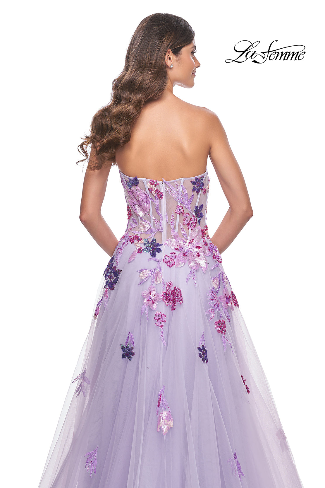 Strapless Gown with Multicolour Sequined Flowers