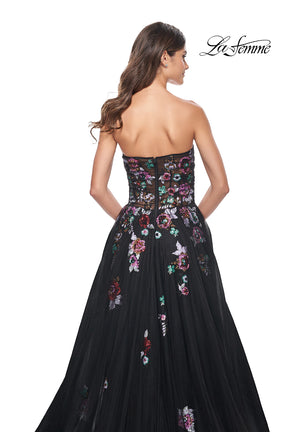 Strapless Illusion Gown with Sequined Flowers