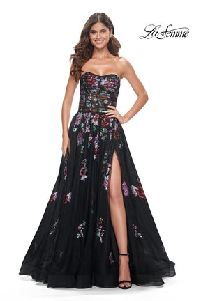 Strapless Illusion Gown with Sequined Flowers