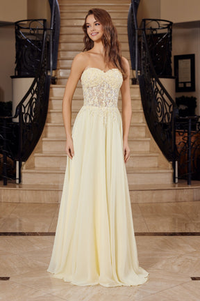 Strapless Intricate Floral Chiffon Corset Gown