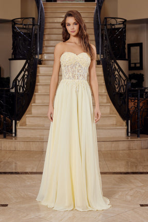 Strapless Intricate Floral Chiffon Corset Gown