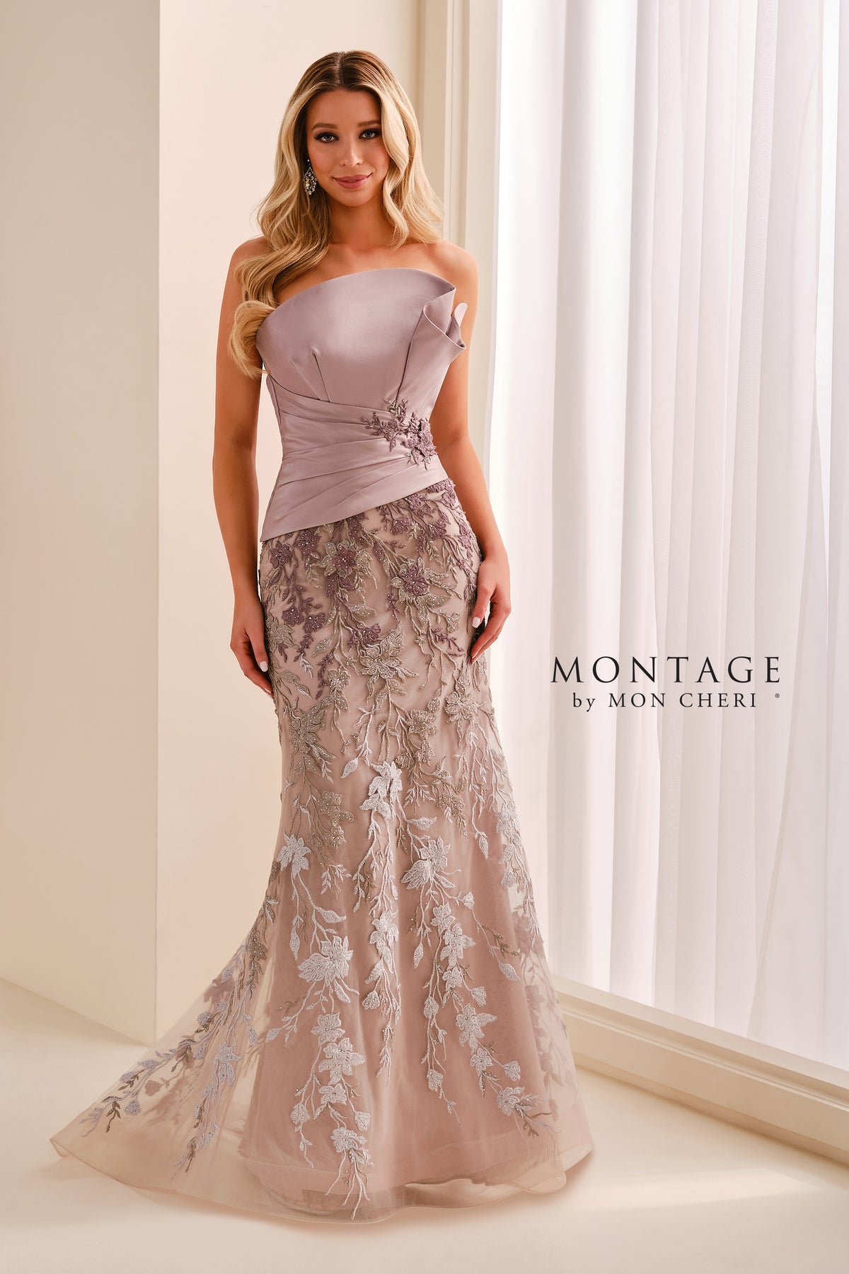 Strapless Mikado and Lace Applique Trumpet Gown