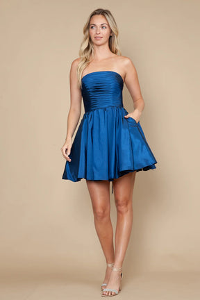 Strapless Pleated Bodice Short Taffeta Dress With Bow