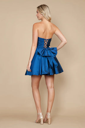 Strapless Pleated Bodice Short Taffeta Dress With Bow