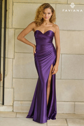 Strapless Sweetheart Ruched Stretch Satin Dress