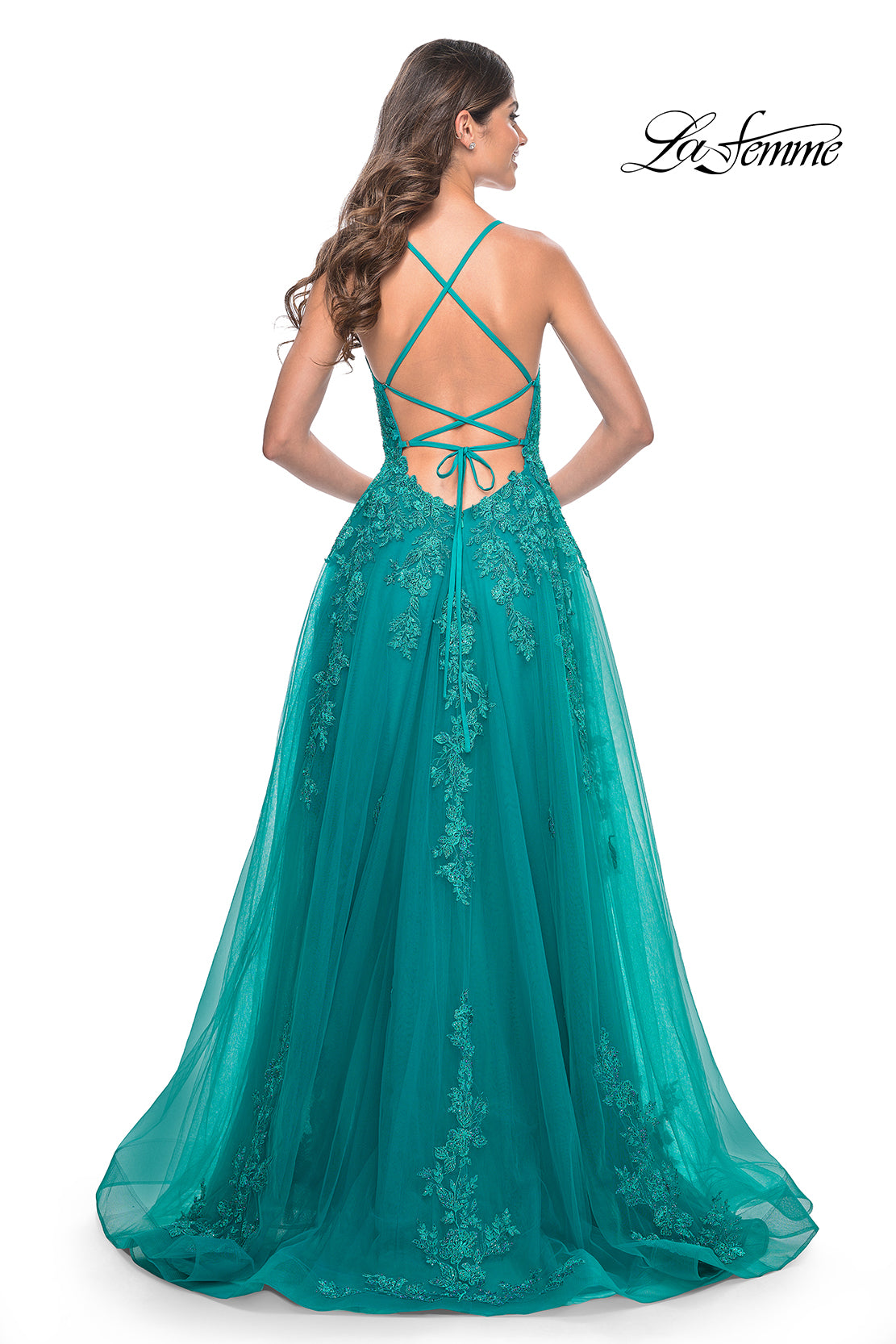 Strappy Back Beaded Lace Applique Gown