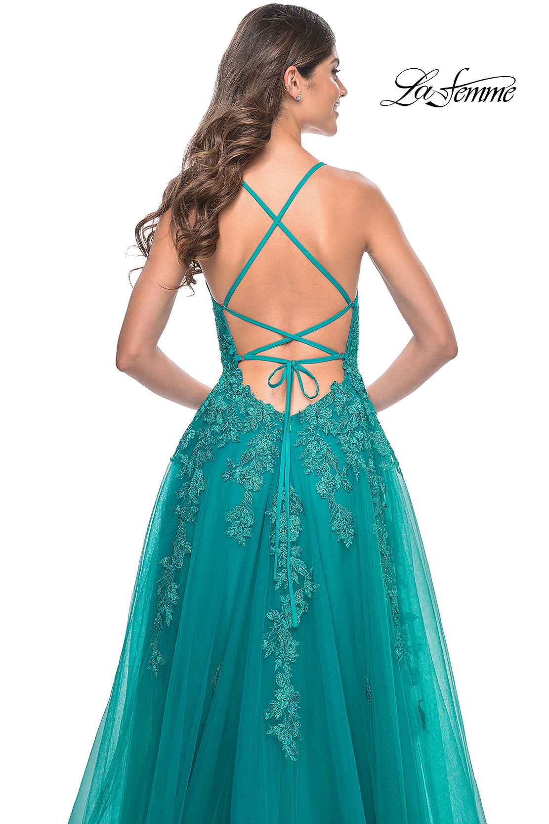 Strappy Back Beaded Lace Applique Gown