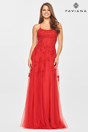 Strappy Back Embroidered Tulle Gown