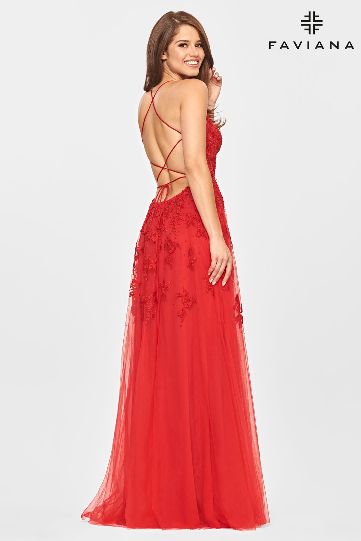 Strappy Back Embroidered Tulle Gown