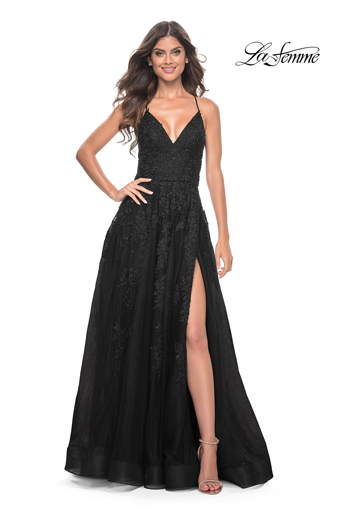 Strappy Back Gown with Cascading Lace Appliques