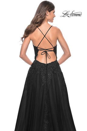 Strappy Back Gown with Cascading Lace Appliques