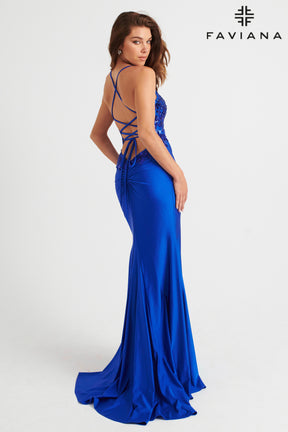 Strappy Back Sequin Applique Mermaid Gown